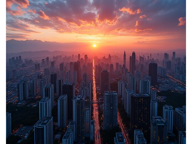 Aerial view of Kuala Lumpur's bustling cityscape during a vibrant sunset, capturing urban sprawl