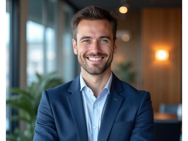 A confident businessman in a modern office setting, professional headshot with soft lighting